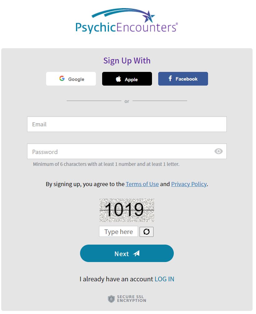 Psychic Encounters Sign Up Page